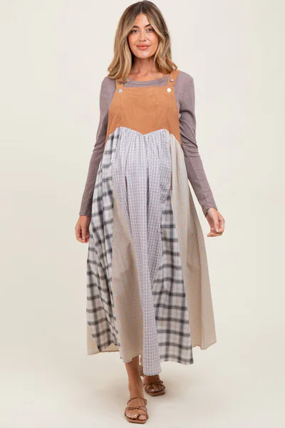 PinkBlush Mocha Multicolor Colorblock Plaid Denim Overall Maternity Dress