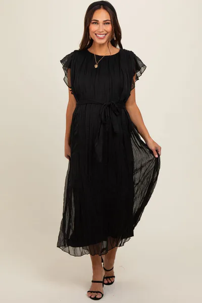 PinkBlush Black Short Sleeve Crinkle Self Tie Maternity Dress