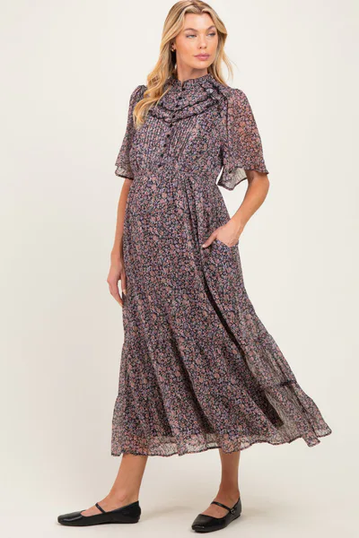 PinkBlush Midnight Ruffle Floral Print Maternity Maxi Dress
