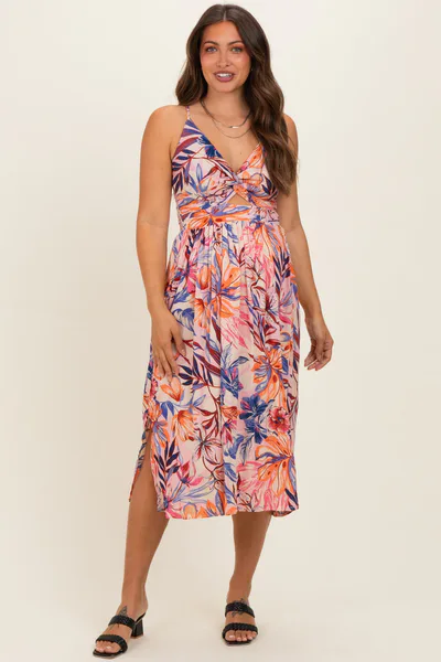 PinkBlush Pink Tropical Floral Twisted Front Cutout Maternity Midi Dress