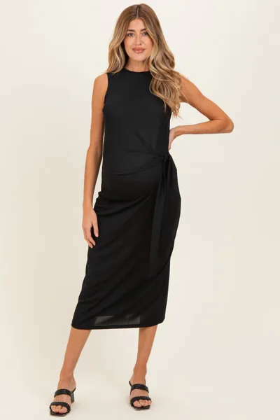 PinkBlush Black Sleeveless Waist Tie Maternity Midi Dress