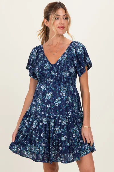 PinkBlush Blue Eyelet Embroidered Printed V Neck Maternity Dress