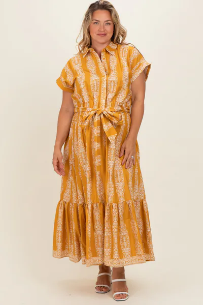 PinkBlush Mustard Damask Print Maternity Plus Midi Shirt Dress