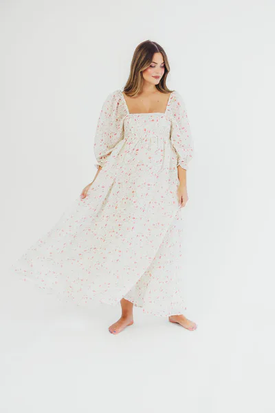 Worth Collective Mona Maxi Dress with Smocking in Ivory Floral - Bump Friendly & Inclusive Sizing (S-2XL)