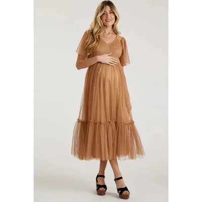 Target Pinkblush Camel Dotted Tulle Smocked Maternity Midi Dress Small