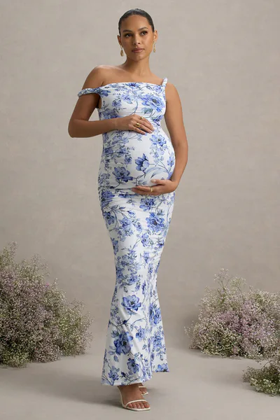 Club L London Lita | Blue Floral Print Twisted Asymmetric Maternity Maxi Dress