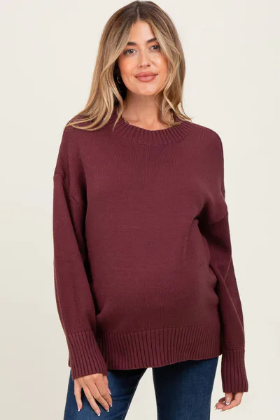 PinkBlush Burgundy Drop Shoulder Oversized Maternity Sweater
