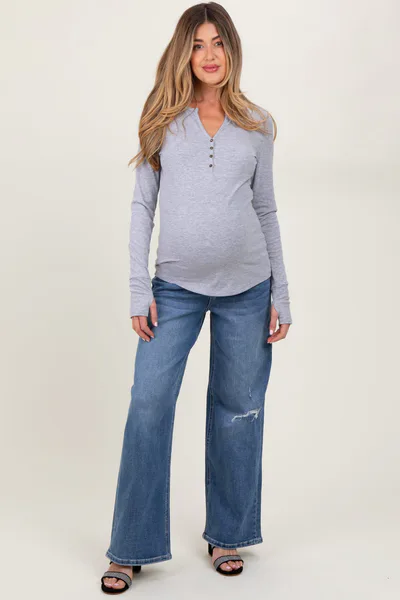 PinkBlush Blue Distressed Open Knee Wide Leg Maternity Jeans