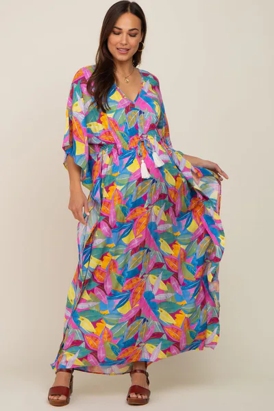 PinkBlush Magenta Multicolor Leaf Pint Tassel Tie Maternity Maxi Dress