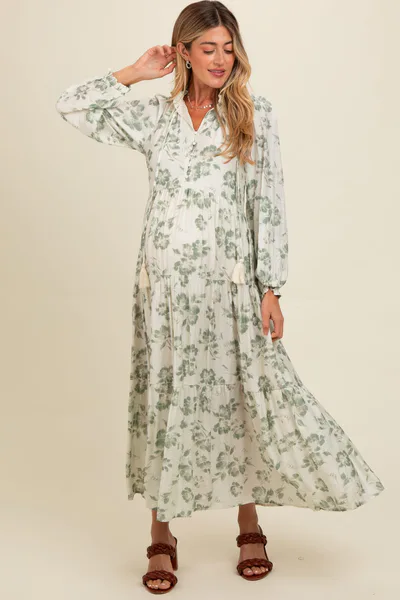 PinkBlush Olive Floral Button Front Tiered Long Sleeve Maternity Maxi Dress