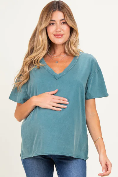 PinkBlush Teal Washed V-Neck Oversized Maternity Tee