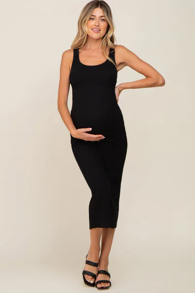 PinkBlush Black Ribbed Basic Maternity Maxi Dress