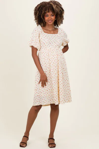 PinkBlush Cream Floral Textured Knit Maternity Midi Dress