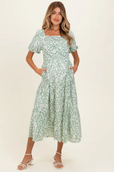 PinkBlush Green Floral Smocked Short Sleeve Maternity Midi Dress