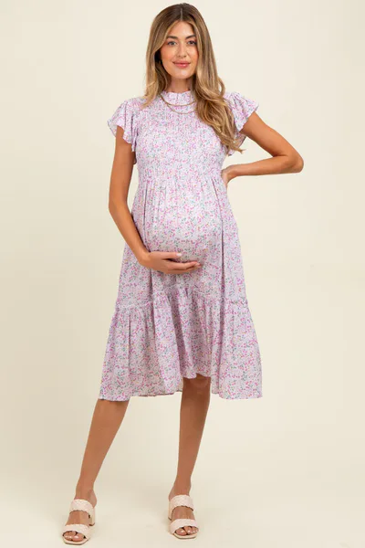 PinkBlush Pink Floral Mock Neck Smocked Ruffe Sleeve Maternity Midi Dress