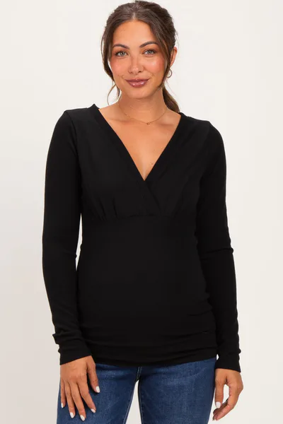 PinkBlush Black Fitted Long Sleeve Wrap V-Neck Maternity Top