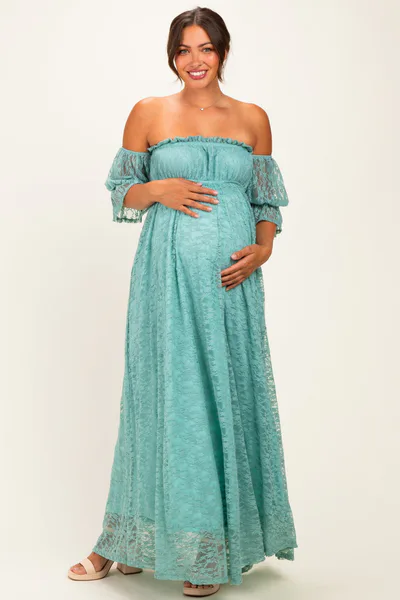 PinkBlush Mint Lace Off Shoulder Maternity Maxi Dress