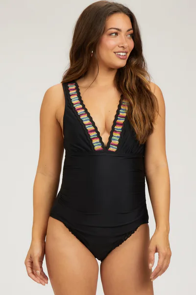PinkBlush Black Crochet Accent Sleeveless Maternity One Piece Swimsuit