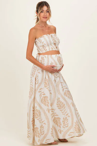 PinkBlush Beige Leaf Print Smocked Crop Top Maxi Skirt Maternity Set