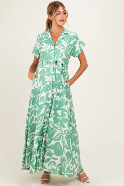 PinkBlush Light Olive Floral Waist Tie Maternity Shirt Dress