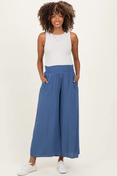 PinkBlush Blue Smocked Waist Ankle Wide Leg Maternity Pants