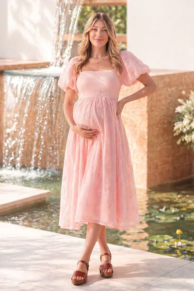 Summer Mae Summer Mae Silky Tencel-Blend Maternity Midi Dress | Puff Sleeve Empire Waist Bump Friendly Photoshoot Dress
