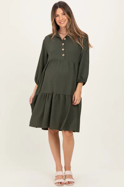 PinkBlush Olive Long Sleeve Button Down Collared Tiered Maternity Dress