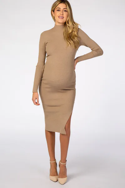 PinkBlush Taupe Ribbed Fitted Mock Neck Long Sleeve Maternity Midi Dress
