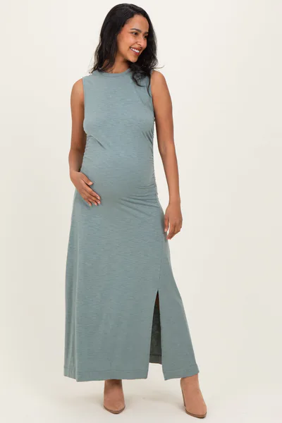PinkBlush Sage Side Slit Ruched Sleeveless Maternity Midi Dress