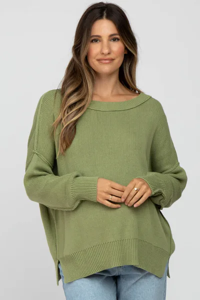 PinkBlush Light Olive Exposed Seam Side Slit Maternity Sweater