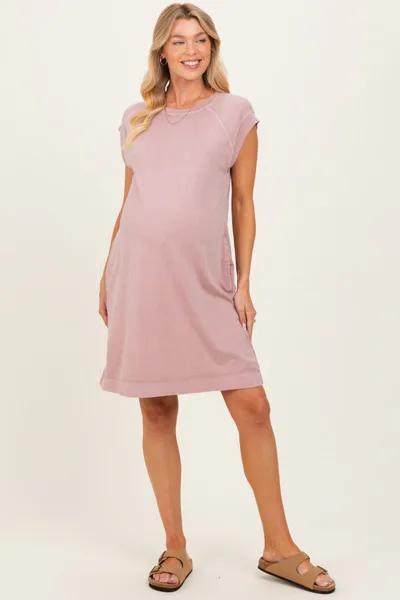 PinkBlush Pink Garment Washed Casual Capped Sleeve Maternity Dress