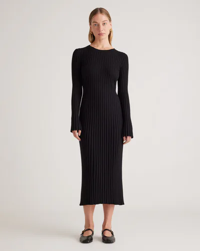 Quince Cotton Cashmere Ribbed Long Sleeve Crew Midi Dress