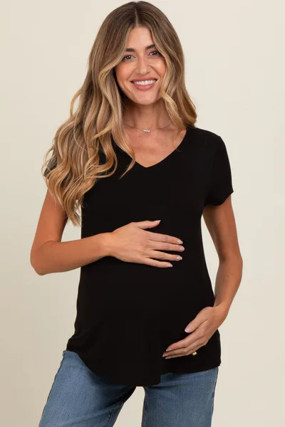 PinkBlush Black Basic V-Neck Short Sleeve Maternity Top