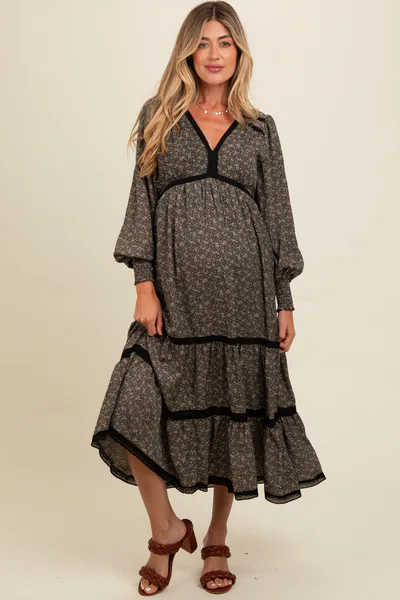PinkBlush Black Floral Lace Trim Bubble Sleeve Maternity Maxi Dress