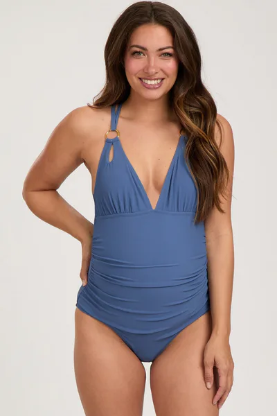 PinkBlush Blue Ribbed V-Neck Ruched Criss Cross Low Back Maternity One Piece Swimsuit