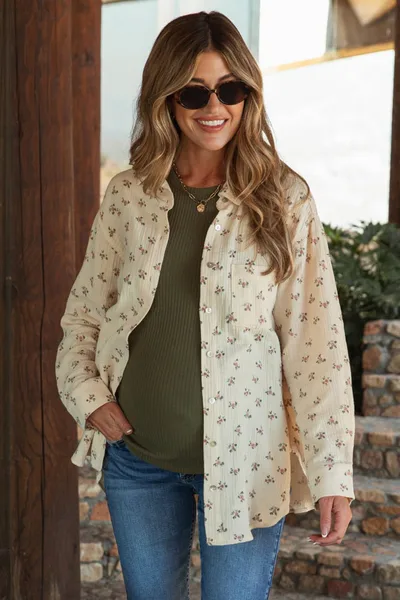 PinkBlush Cream Floral Cotton Gauze Oversized Button-Down Maternity Shirt