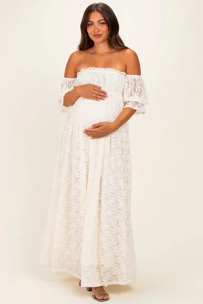 PinkBlush Ivory Lace Off Shoulder Maternity Maxi Dress
