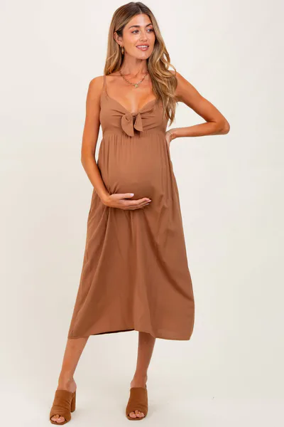 PinkBlush Camel Front Tie Sleeveless Maternity Midi Dress