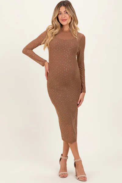 PinkBlush Mocha Rhinestone Mesh Long Sleeve Maternity Midi Dress