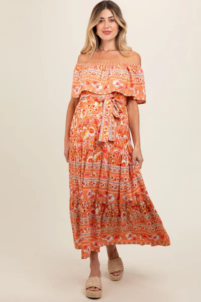 PinkBlush Peach Floral Off Shoulder Maternity Maxi Dress