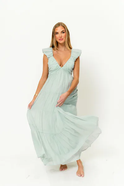 Worth Collective Katy Pleated Bodice Maxi Dress in Light Mint - Bump Friendly