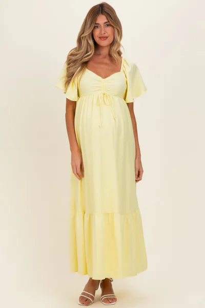 PinkBlush Yellow Flutter Sleeve Ruffle Hem Maternity Maxi Dress