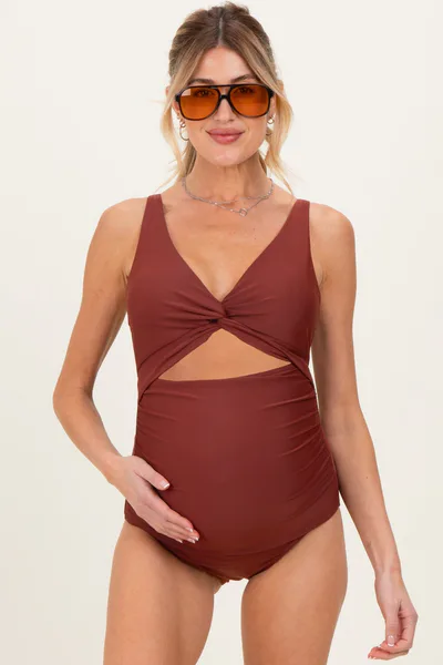 PinkBlush Brown Ruched Sides Front Cutout Maternity One Piece Swimsuit