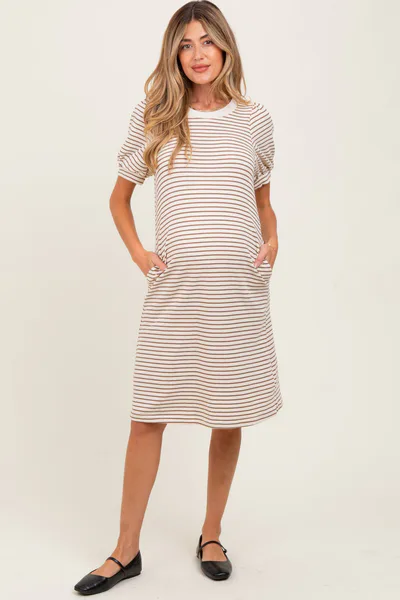 PinkBlush Mocha Striped Puff Sleeve Maternity Midi T-Shirt Dress