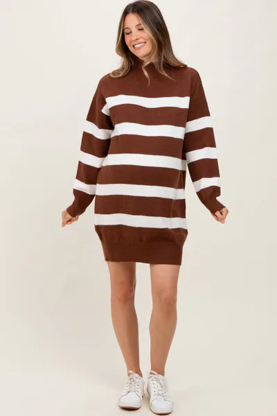 PinkBlush Brown Striped Knit Turtleneck Maternity Sweater Dress