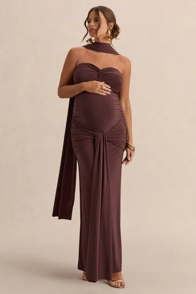Club L London Faustina | Dark Brown Bandeau-Neck Maternity Maxi Dress With Scarf Detail And Gathered Detailing