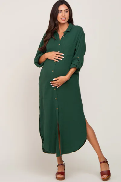 PinkBlush Forest Green Button Down 3/4 Sleeve Maternity Midi Dress