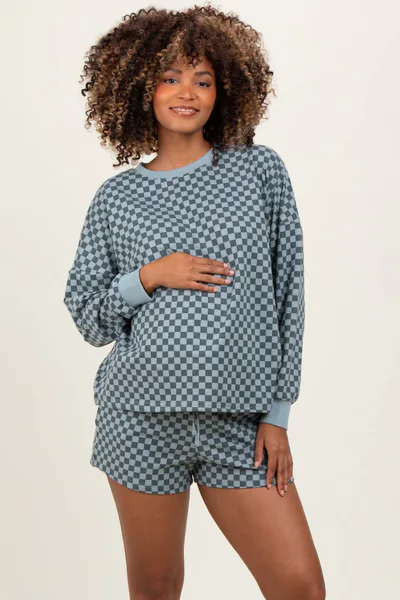 PinkBlush Dark Teal Checkered Plaid Pullover Shorts Maternity Set