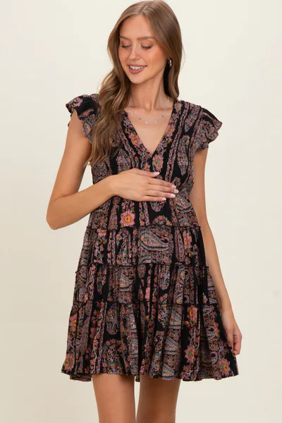 PinkBlush Black V Neck Smocked Bodice Flutter Sleeve Maternity Short Dress