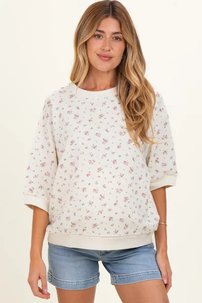 PinkBlush Ivory Floral Short Sleeve Pullover Maternity Top
